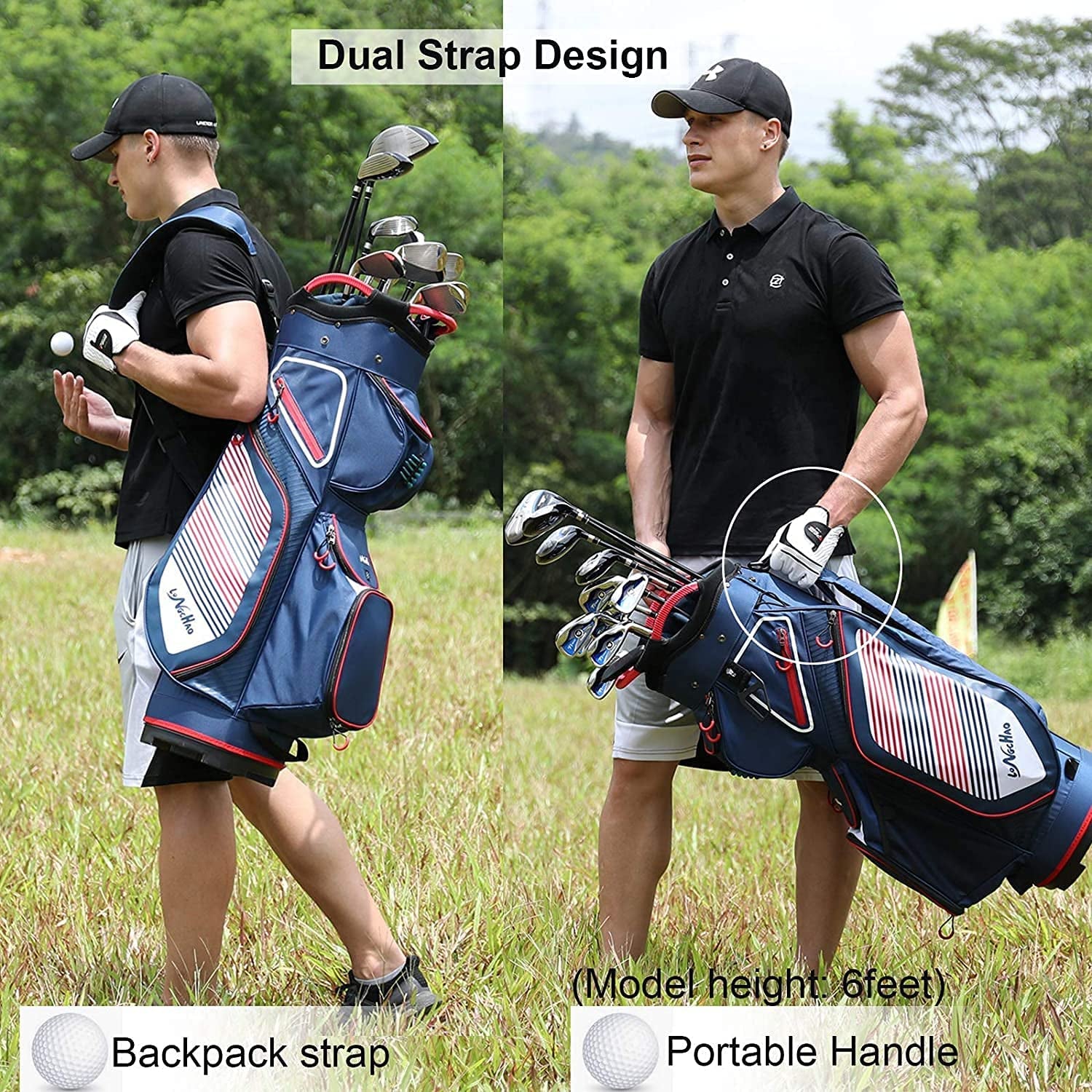 Cart Golf Bag 14 Way Divider Golf Push Cart Bag for Men Cart Bags with Cooler, Backpack Strap and Dust Cover, Portable Golf Carry Bag for Men & Women (Blue)