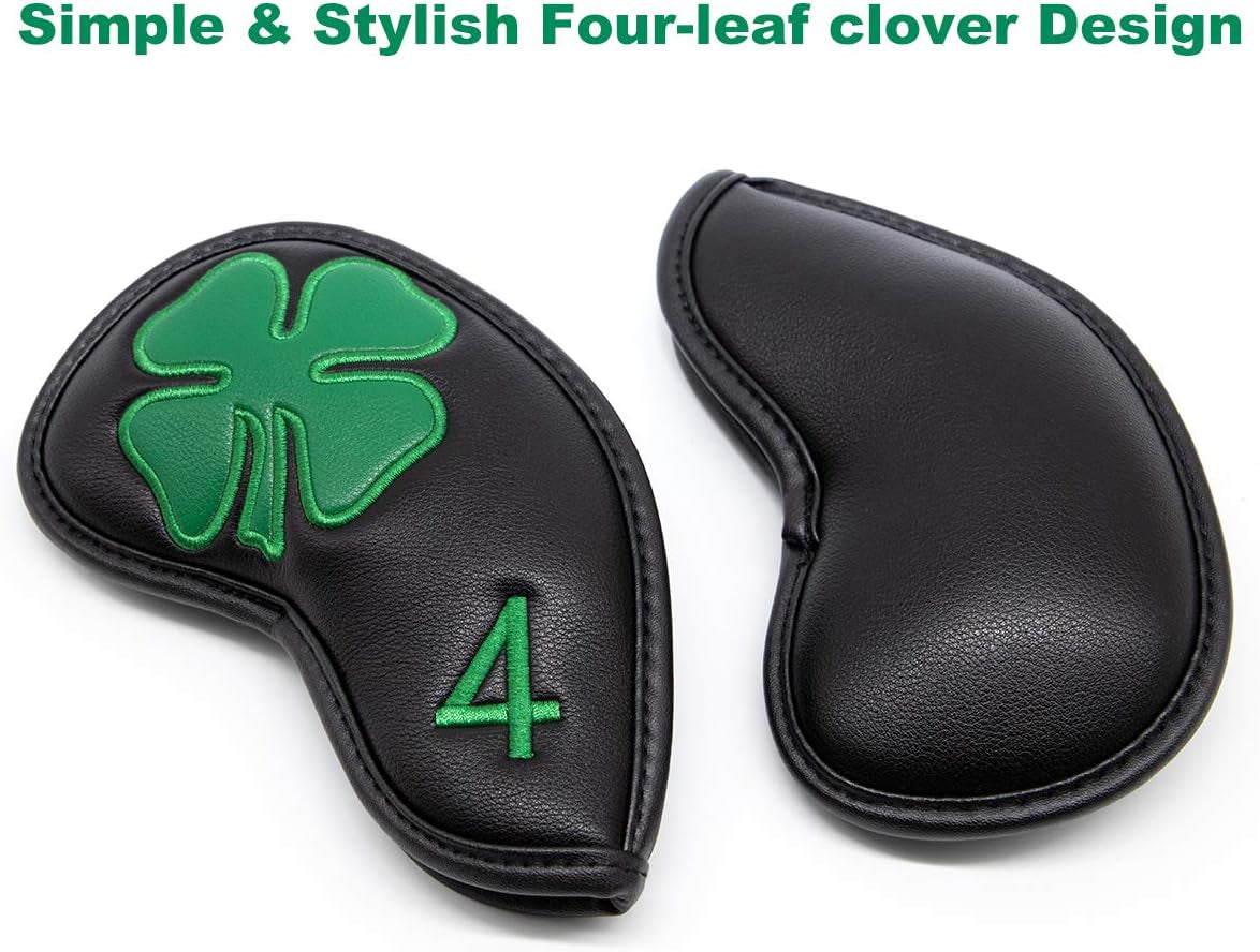 Golf Iron Covers Golf Iron Head Covers Leather Golf Iron Covers for Golf Clubs 10Pcs Golf Iron Headcovers Lucky Clover Golf Club Head Covers for Iron with Magic Tape Fit All Brands