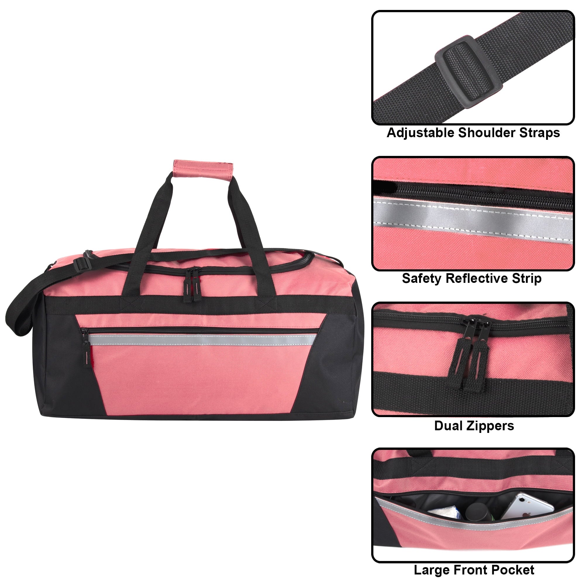 40 Liter 22 Inch Duffle Bag with Front Accessory Pocket, Velcro Handles, Dual Zipper Closure and Luggage Strap for Traveling, Commuting, Sports and Gym Equipment in Pink & Black