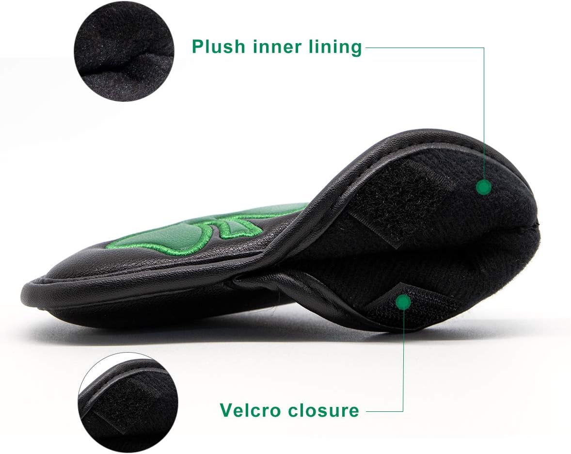 Golf Iron Covers Golf Iron Head Covers Leather Golf Iron Covers for Golf Clubs 10Pcs Golf Iron Headcovers Lucky Clover Golf Club Head Covers for Iron with Magic Tape Fit All Brands